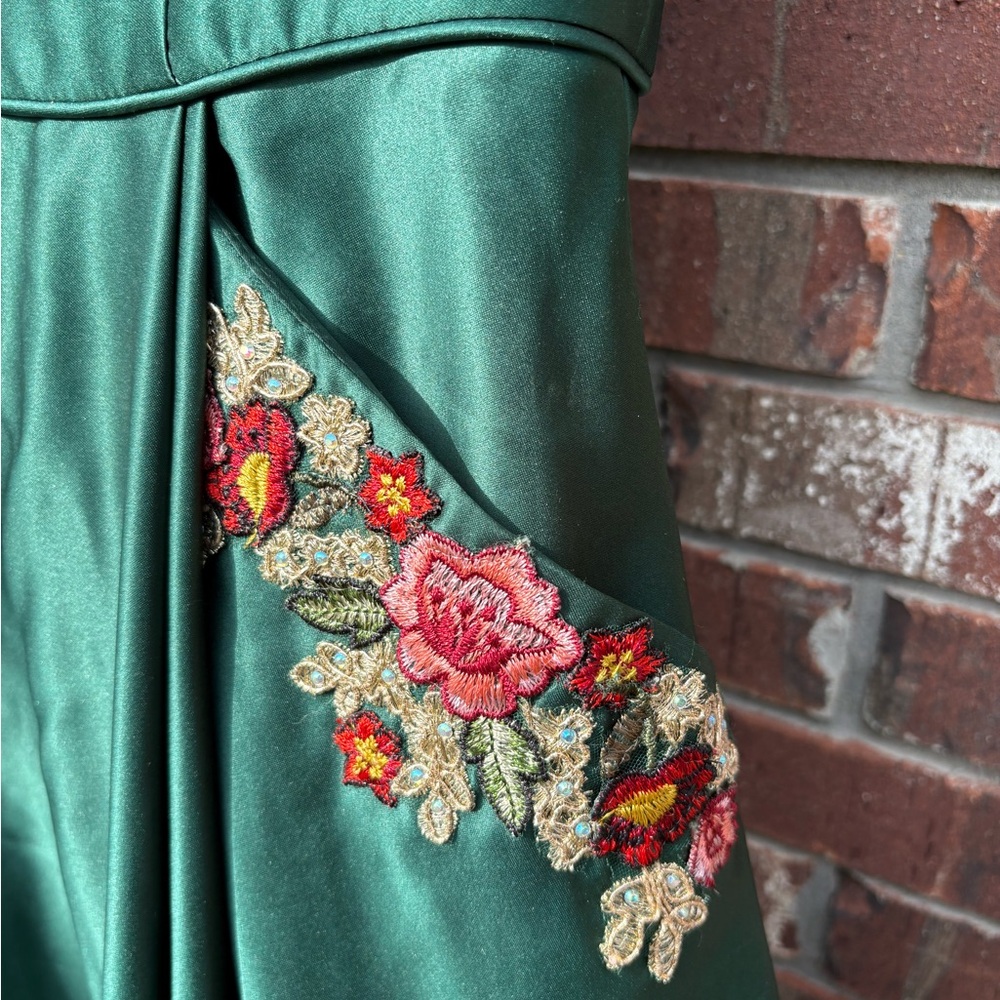 Satin Double Strap Gown with Floral Pockets - Picture 3 of 9